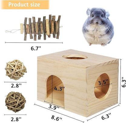 Fhiny Guinea Pigs Wood House Chinchilla Hut Hideout Natural Wood Multiple Doors Small Animal Chewing Molar Activity Toys Hamsters Habitat Cage for Hedgehog Squirrel Sugar Gliders