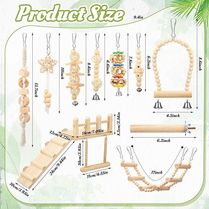 10 Pcs Bird Toys for Parakeets Parrot Swing Toys and Wooden Parrot Perches Platform with Climbing Ladder Chewing Standing Hanging Hammock Cage Toy Accessories for Budgerigar Cockatiel Finches