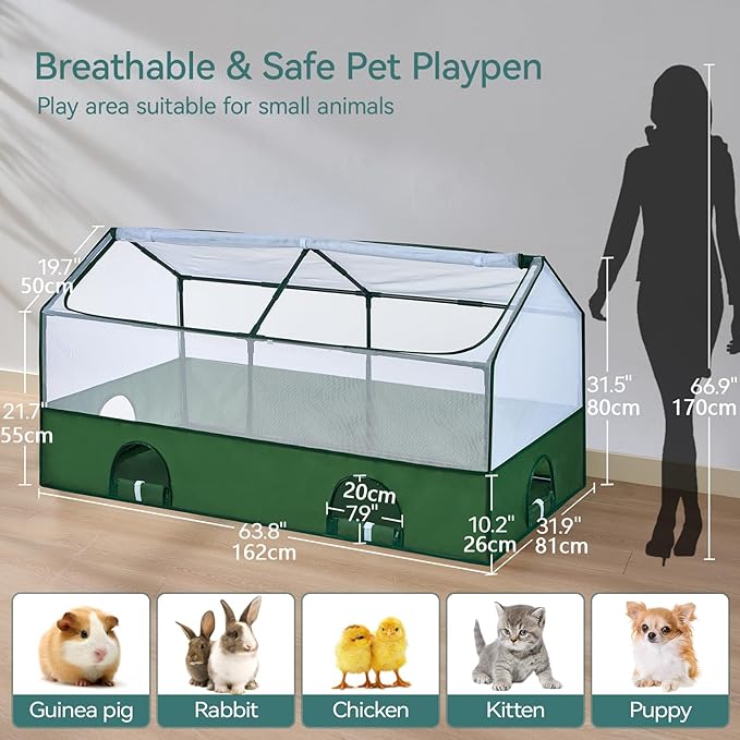 DINMO Small Animal Playpen, Guinea Pig Cages, Rabbit Playpen, puppy play pen for indoors, Pet Playpen with Waterproof Floor for Hamsters, Hedgehogs, bunny,kittens, Indoor Outdoor Portable Fence, Green