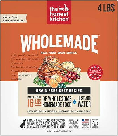 The Honest Kitchen Human Grade Wholemade™ Dehydrated Grain Free Beef Dog Food - Complete & Balanced Meal or Topper - 4 lb Box