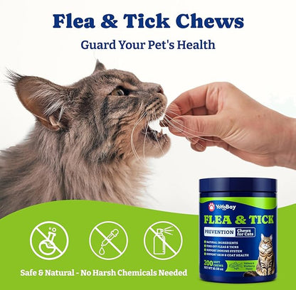 Flea and Tick Prevention for Cats - 200 Soft Chews Natural Cat Flea Treatment, Salmon & Blueberry Flavor - Flea Treatment for Cats, Cat Oral Flea, Immune Support Supplement