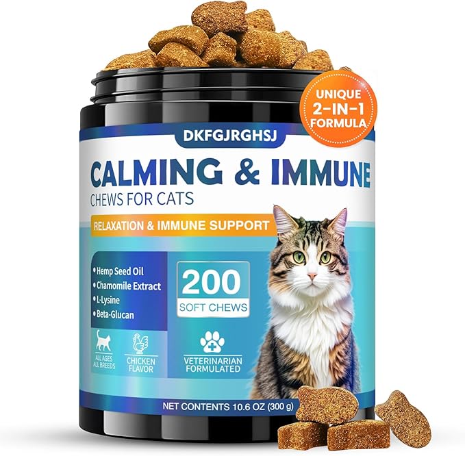 Cat Calming Treats, 200 Hemp Calm Soft Chews to Soothe Stressed Cats Anxiety Relief Reduce Stress & Promote Relaxation Immune Support Chicken Flavored