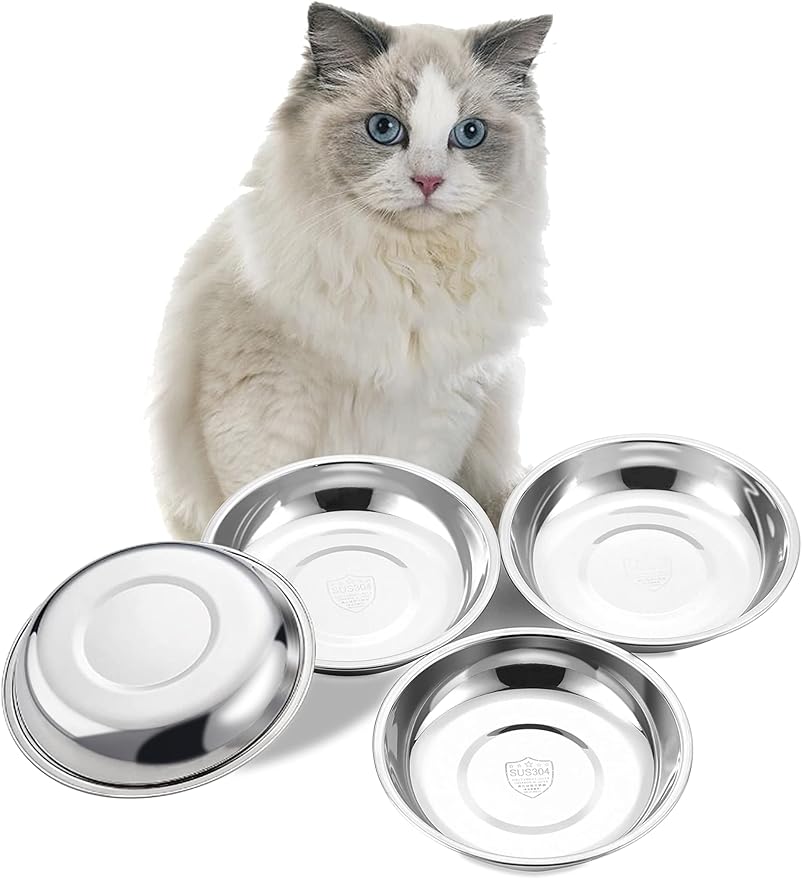 VENTION Big Shallow Cat Food Bowls, Outer Dia. 10.6 in Whisker Fatigue Cat Bowl, Stainless Steel Cat Food Dish for Indoor Cats, Set of 4 Replacement Cat Bowls for Raised Station(60.9 Fl.oz)