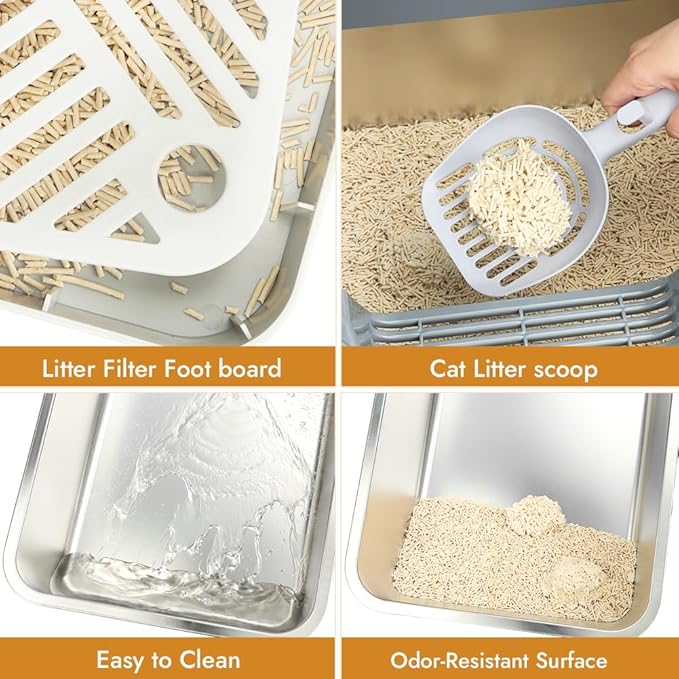 Vivifying Stainless Steel Cat Litter Box, Large Semi-Enclosed Litter Box with Lid, Anti-Leakage Metal Pan for Easy Cleaning & Odor Control (Gray)