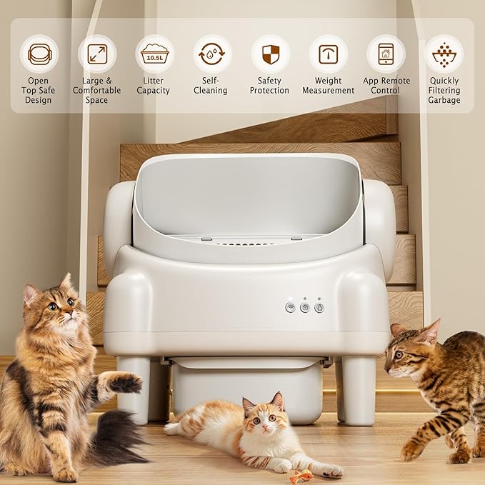 Self Cleaning Litter Box,Open Top Automatic Litter Box with App Control for Multiple Cats, Safety Sensors Protection, Odor Control Includes 2 roll Liners,Large Waste Bin, Cream White