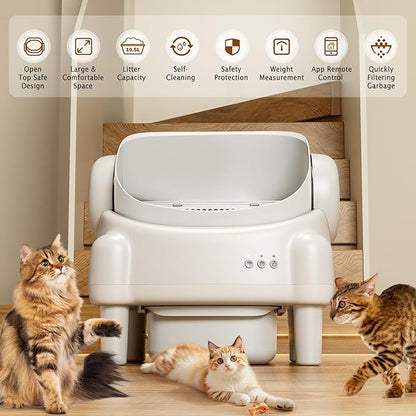 Self Cleaning Litter Box,Open Top Automatic Litter Box with App Control for Multiple Cats, Safety Sensors Protection, Odor Control Includes 2 roll Liners,Large Waste Bin, Cream White