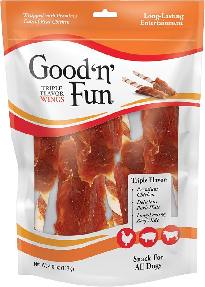 Good ‘n’ Fun Triple Flavor Wings Chews for All Dogs, Treat Your Dog to Long-Lasting Chews Made with Chicken, Pork Hide and Beef Hide, , 4 Ounces