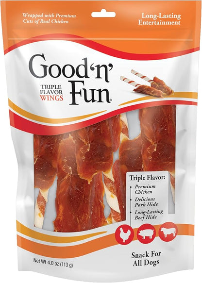 Good ‘n’ Fun Triple Flavor Wings Chews for All Dogs, Treat Your Dog to Long-Lasting Chews Made with Chicken, Pork Hide and Beef Hide, , 4 Ounces