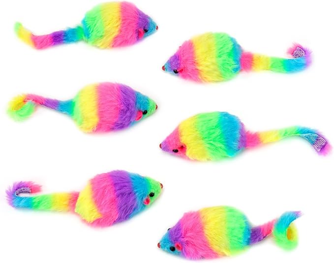 CHIWAVA 24PCS 2.8" Rainbow Color Furry Cat Toy Mice with Rattle Kitten Mouse Interactive Play