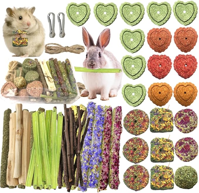 60pcs DIY Rabbit Toys for Bunnies Boredom,Rabbit Toy for Bunnies Boredom Bunny Toys for Teeth, Timothy Stick, Apple Sticks, Sweet Bamboo, for Guinea Pig, Hamster, Chinchilla, Rat, Small Animals