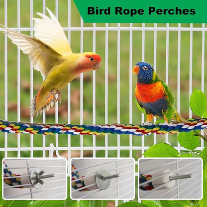 24 Inch Bird Perch Rope with 360° Free Rotating Stand, 0.8 Inch Diameter Natural Cotton Rope Perch for Parakeets, Cockatiels, Parrots, Conures - Safe, Durable Bird Cage Accessory for Chewing & Resting