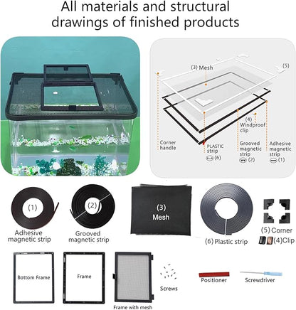Magnetic Fish Tank Cover Net Aquarium Lid Mesh Top Hood Cut to Any Size Ventilation Transparency Anti-Jumping Aquarium Cover with Feeding Window(39"X19")