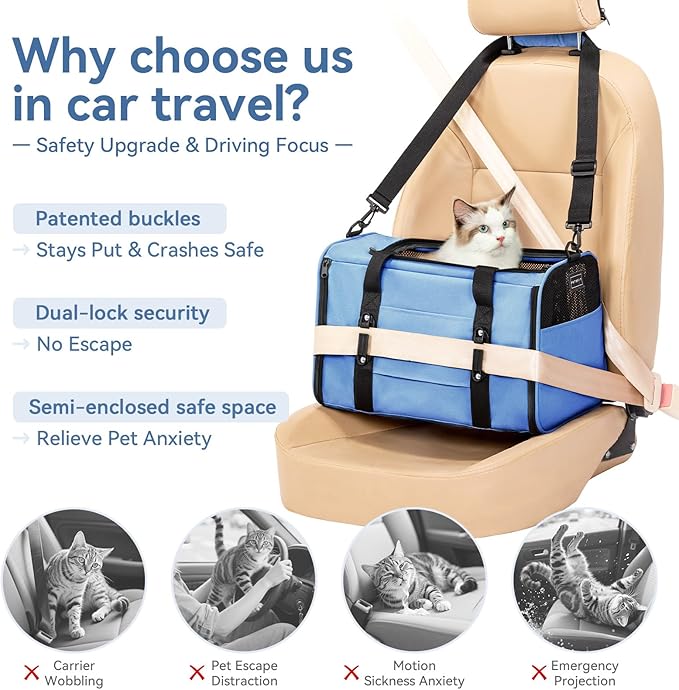 PETSFIT Soft-Sided Cat Carriers & Car Seats with Patent Safe Buckles, Clip-On Harness, 19"x12"x12" Pet Travel Carrier - 20 lbs Capacity (Blue)