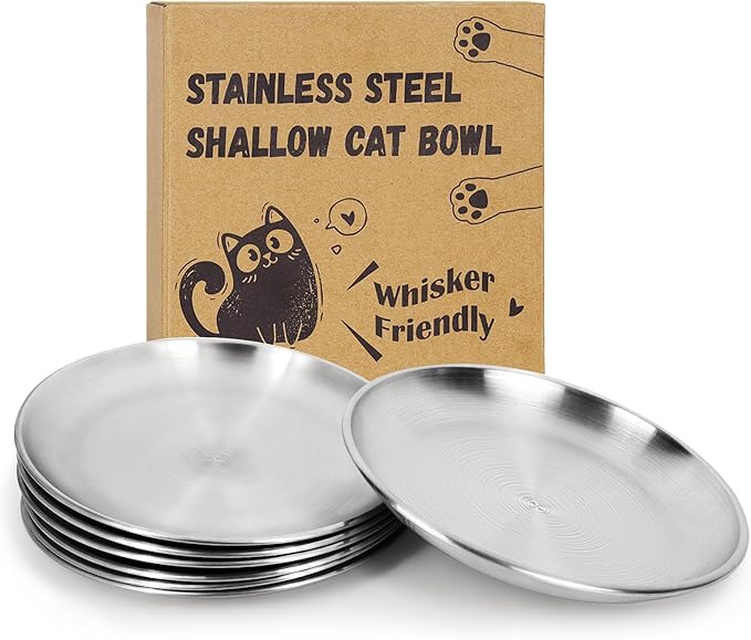 Stainless Steel Cat Bowls Set – 6.7" Whisker Friendly Shallow Dishes, Dishwasher Safe Food & Water Plates for Indoor/Outdoor Cats, 13oz (SUS304, 7Pcs)