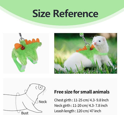 Ferret Harness and Leash Set with Safe Bell, Dinosaur-themed, Green, Small Pet, 2.36-3.54 inches (6-9 cm), 47 inches (120 cm) Lead Rope