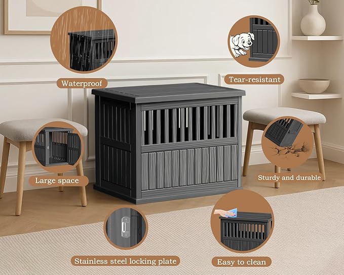 Vixzen Dog Crate Furniture for Small to Large Dogs,Decorative Resin Kennel Indoor,Multifunctional Dog Crate with Locking Buckle,End Table,Durable and Sturdy(Black 29.65 * 21.34 * 25.28)