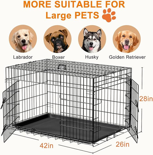 FDW Large Dog Crate 42inch Dog Cage Foldable Metal Kennel with Leakproof Tray Foldable Design Indoor Outdoor Use for Large Dogs,Black