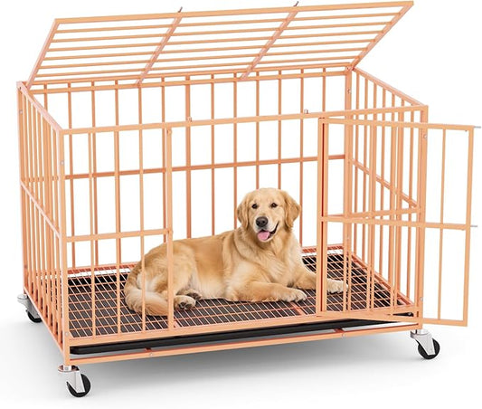 48 in Orange Heavy Duty Dog Crate Steel Escape Proof, Indoor Double Doors and Lockable Wheels,Removable Tray, for Medium and Large Large Dog Breeds,XL,XXL