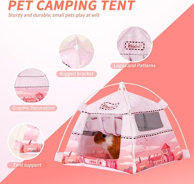 Hamster Mini Camping Tent Hideout, Syrian Hamster Tent House Rat Bed Without Installing, Lightweight & Easy to Clean, Suitable for Mouse, Fancy Rat, Chipmunk and Mini Guinea Pig (Pink)