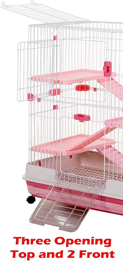 Pink X-Large Deluxe 4-Level in/Outdoor Rabbit Hutch Home Cage for Ferret Chinchilla Paw Safe Solid Platform Ramp Mesh Floor Leakproof Pull Out Easy Clean 2-Inch Deep Tray Lockable Casters