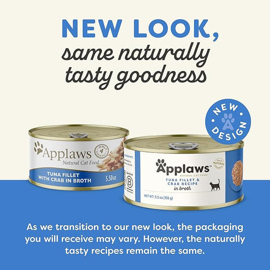 Applaws Natural Wet Canned Cat Food, Limited and Natural Ingredients, High Protein with No Artificial Additives, Tuna Fillet & Crab in Broth (24 x 5.5oz Cans)