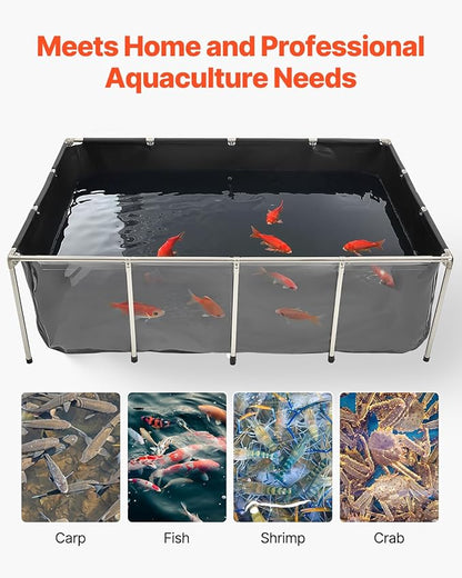 VEVOR Canvas Fish Pond, 470 Gal Above Ground Fish Pond, PVC Koi Tank with Clear Viewing Panel, Rectangular Goldfish Tank with Stainless Steel Frame & Drain Valve, for Breeding Koi, Irrigation(Black)