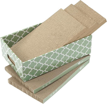 MECOOL Cat Scratching Board，5PC Cat Scratch Pad with Box，Reversible Corrugated Cat Scratcher Cardboard and Lounge Bed for Indoor Cats, Catnip