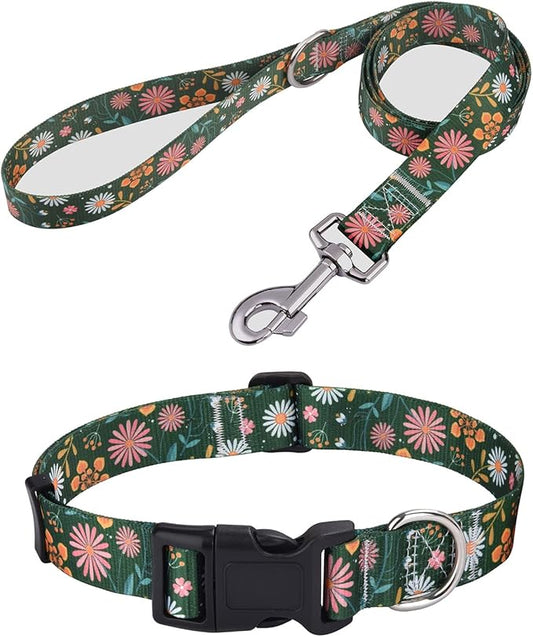 Dog Collar and Leash Set with Bohemia Floral Tribal Geometric Patterns - Soft Ethnic Style Collar Adjustable for Small Medium Large Dogs(Dark Green Flower Set,M)