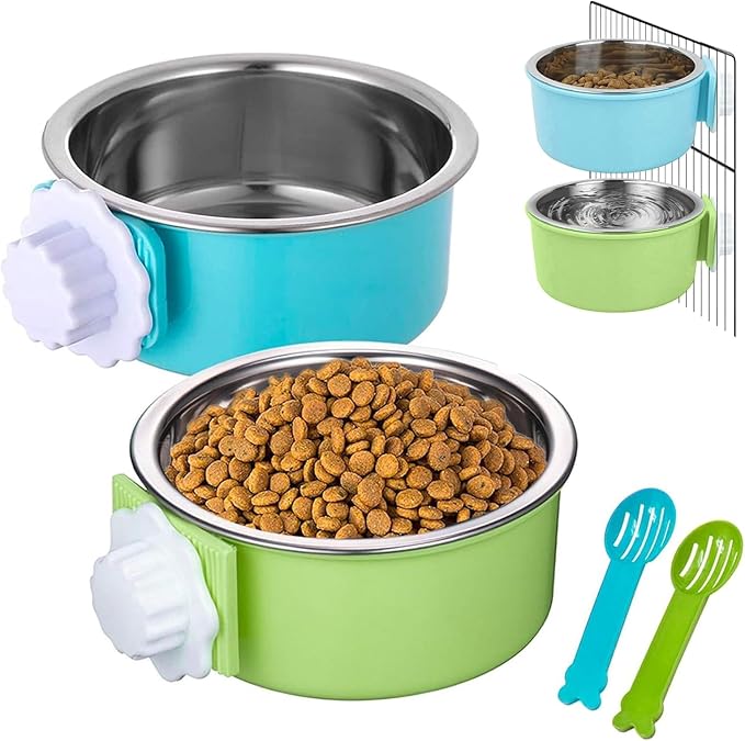 Hamiledyi 2-Pack Hanging Dog Bowls with Removable Stainless Steel Feeder - Spill-Proof Crate Bowls for Kennel/Cage, Puppy to Medium Dogs, Cats, Rabbits & Guinea Pigs (Durable Pet Food & Water Dishes)