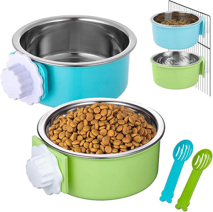 Hamiledyi 2-Pack Hanging Dog Bowls with Removable Stainless Steel Feeder - Spill-Proof Crate Bowls for Kennel/Cage, Puppy to Medium Dogs, Cats, Rabbits & Guinea Pigs (Durable Pet Food & Water Dishes)