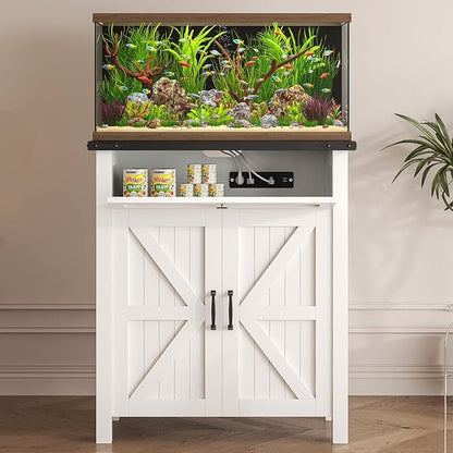 Suadism 20 Gallon Aquarium Stand With Charging Station, Farmhouse Fish Tank Stand, Reptile and Terrarium Stand with Drawer and Cabinet Storage, Sturdy Heavy Duty 27.6"15.7" - White