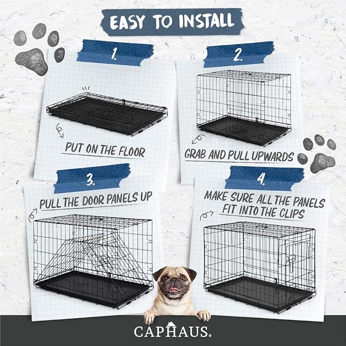 CAPHAUS Foldable Dog Crate Kennel w/Leak-Proof Pan & Divider Panel, Metal Crate, Small, Medium & Large Dog Crate Indoor Wire Cage, 42' w/Double Doors, Black
