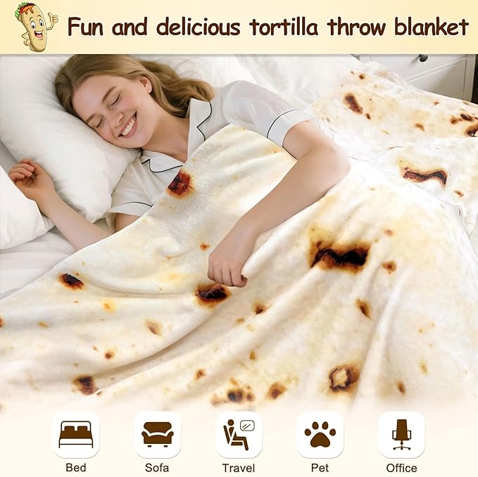 mermaker Burrito Tortilla Taco Blanket 60 inches for Adult Kids, Realistic Tortilla Throw Blanket Funny Gifts for Women Men Teen Boy Girl, Soft Flannel Food Blanket for Christmas Birthday Gifts-Beige