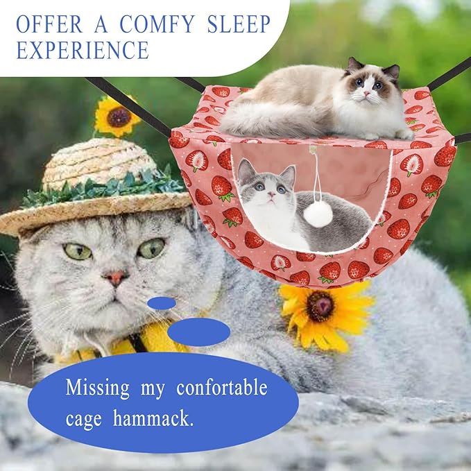 JSPYFITS Cat Cage Hammock with Ball,Double Layer Hanging Adjustable Soft Pet Bed Suit for Kitten Ferret Puppy Rabbit or Small Pet, 2 Level Indoor Bed for All Season(Pink Strawberries)