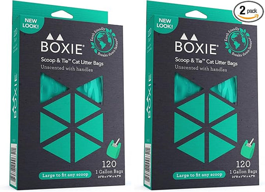 Boxie Sustainable Scoop & Tie Pet Waste Bags, 240 Count, Leak-Proof, Easy-to-Tie Handles, Eco-Friendly, Odor Control, EPI Technology, Durable for Cat Litter & Dog Waste (Pack of 2)