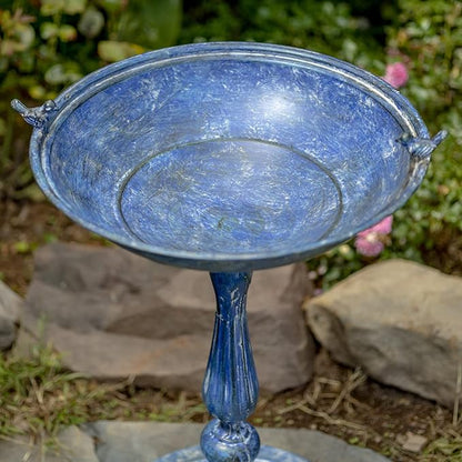 Zaer Ltd. Ornate Metal Pedestal Style Birdbath with Cast Iron Birds on Rim Full Base (Blue)
