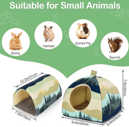 Bienbee Guinea Pig Hideout, Washable Rabbit Bed with Guinea Pig Tunnel, 2 Pack Guinea Pigs Toys Set Bunny Hideout Cage Accessories for Hamster Ferret Rabbits Bunny,Blue-Green Moutains