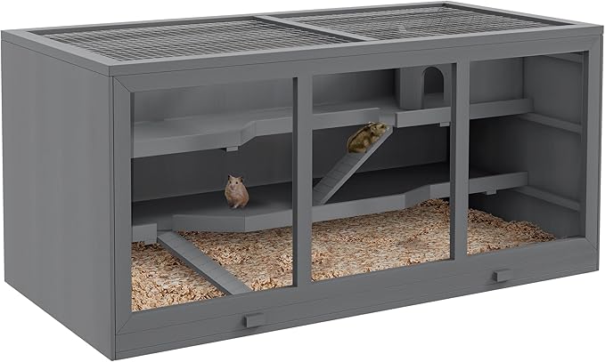 PawHut 45" Extra Large Wooden Hamster Cage, 3-Layer Rat Cage with Opening Roof, PVC Window, Small Animal Habitat for Gerbil, Dwarf & Syrian Hamsters, Gray