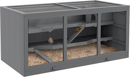 PawHut 45" Extra Large Wooden Hamster Cage, 3-Layer Rat Cage with Opening Roof, PVC Window, Small Animal Habitat for Gerbil, Dwarf & Syrian Hamsters, Gray