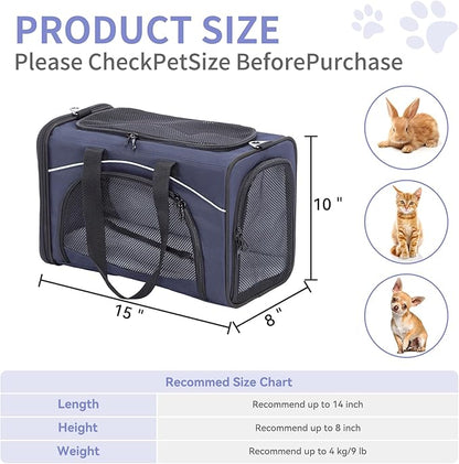 ‌Petsfit Airline Approved Pet Carrier for Small Cats, 15x8x10 TSA Approved Carrier, with Removable Dual-Sided Padding (2-Way Placement) - Fits Under Most Airplane Seats, Escape Proof (Navy)
