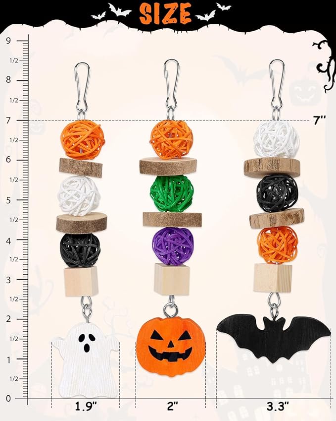 Xylolfsty 3PCS Chinchilla Toys Guinea Pig Bunny Rabbit Chew Toys Teeth Care Grinding Accessories for Small Animals Dwarf Pet Rat Cage Hanging Halloween-Themed