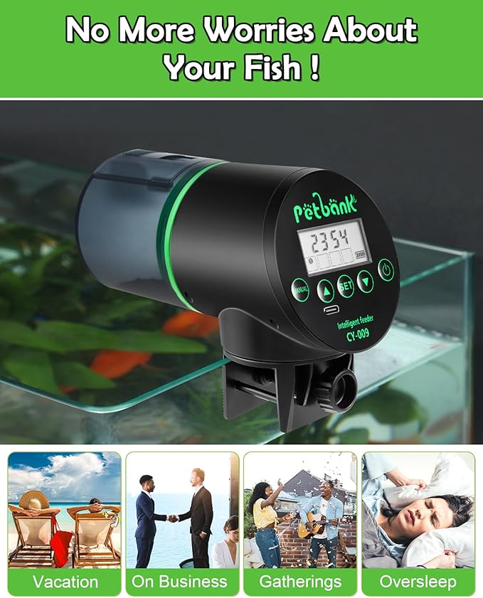 Automatic Fish Feeder for Aquarium - Rechargeable Fish Food Auto Dispenser Vacation Turtle Feeder with USB Charger Cable，LCD Screen, Customized Schedule，Black