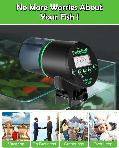 Automatic Fish Feeder for Aquarium - Rechargeable Fish Food Auto Dispenser Vacation Turtle Feeder with USB Charger Cable，LCD Screen, Customized Schedule，Black
