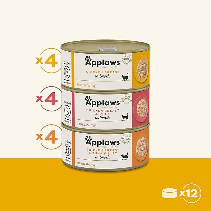 Applaws Natural Wet Canned Cat Food, Limited and Natural Ingredients, High Protein with No Artificial Additives, Chicken Selection Variety Pack in Broth (12 x 2.47oz Cans)