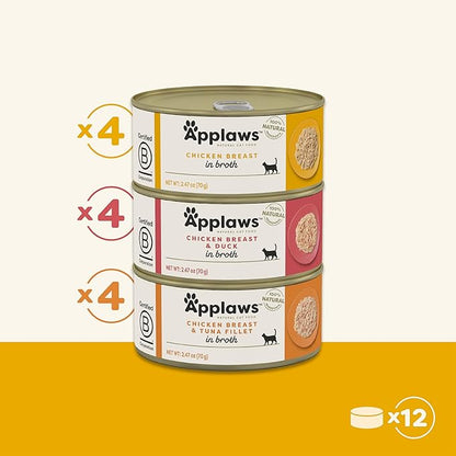 Applaws Natural Wet Canned Cat Food, Limited and Natural Ingredients, High Protein with No Artificial Additives, Chicken Selection Variety Pack in Broth (12 x 2.47oz Cans)