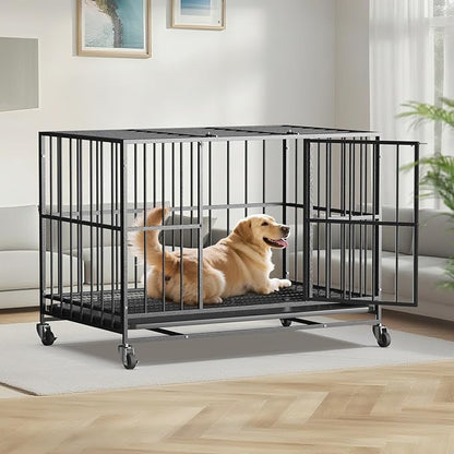 48/42/38 Inch Heavy Duty Dog Crate Steel Escape Proof,Indoor Double Door High Anxiety Cage, Removable Tray, Kennel with Wheels,XL XXL