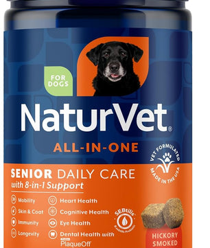 NaturVet All-in-One Senior Dog Daily Care Supplement, 8-in-1 Support Dog Soft Chews for Mobility, Skin, Heart, Teeth, Cognition, Eyes, Hickory Smoked Bacon Flavored Pet Supplement for Dogs, 60 Count