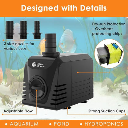 AquaMiracle Submersible Water Pump Aquarium Water Pump with Flow Control, Pond Pump Fountain Pump for Pond, Fountain, Waterfall, Statuary, Water feature, Hydroponics (400GPH, 25W)