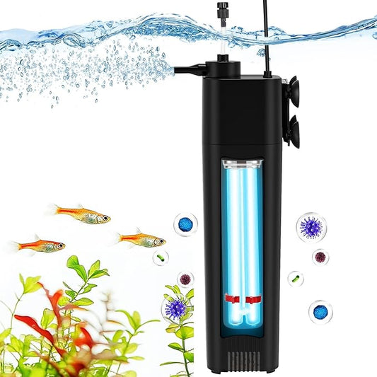 fishkeeper Aquarium Filter U-V for 40-150 Gallon, 211 GPH Fish Tank Filter for Green Water and Algae Clean, Ultra Silent Submersible Pump Filter with Adjustable Bubble Output for Deodorization Killing