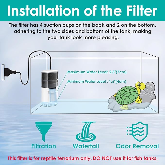Turtle Aquarium Filter 3-Stage Turtle Filter for Low Water Level Tanks, 225GPH Super Quiet Waterfall Turtle Tank Filter Reptile Filter, Low Water Filters for Turtle Tanks 10-40 Gallon Water